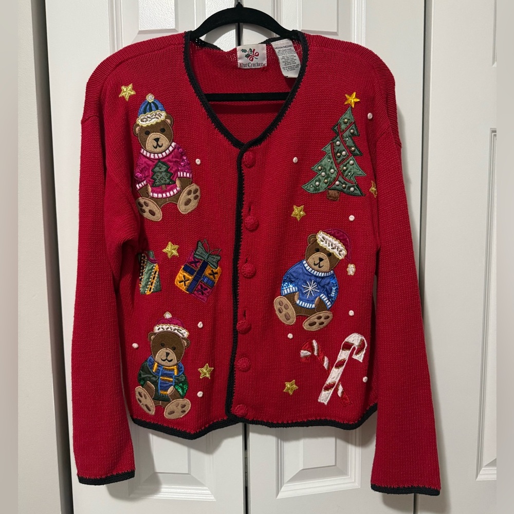 Vintage Nutcracker Festive Holiday Cardigan with Beaded Bear & Holiday Motifs